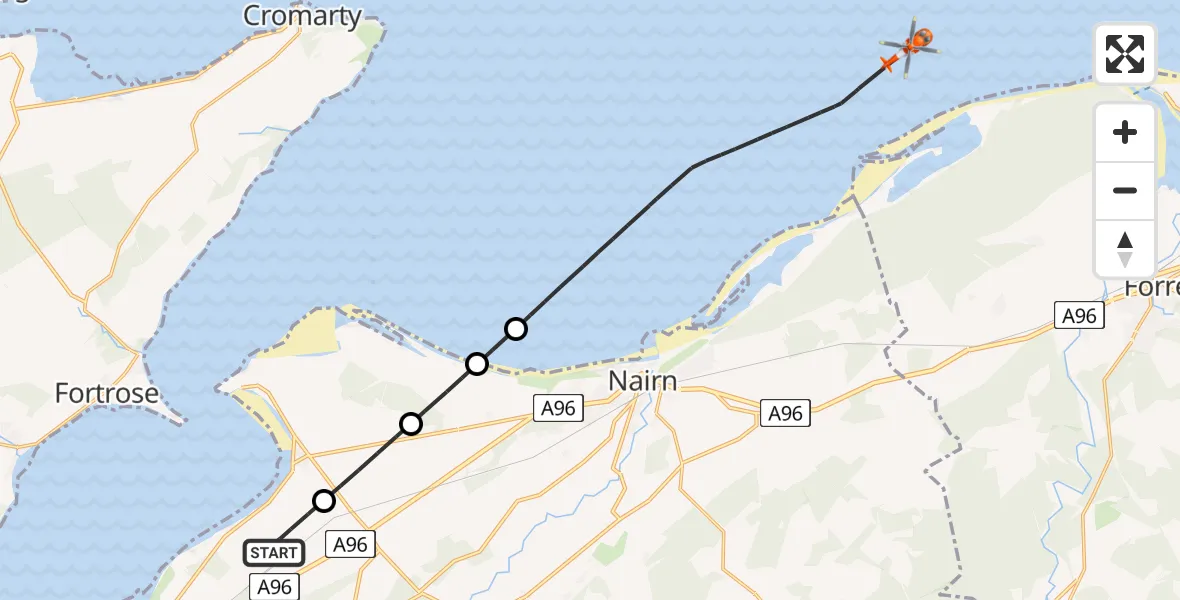 Flight route Coastguard Helicopter Inverness Airport - North Sea, 19 August 2026, 20:18