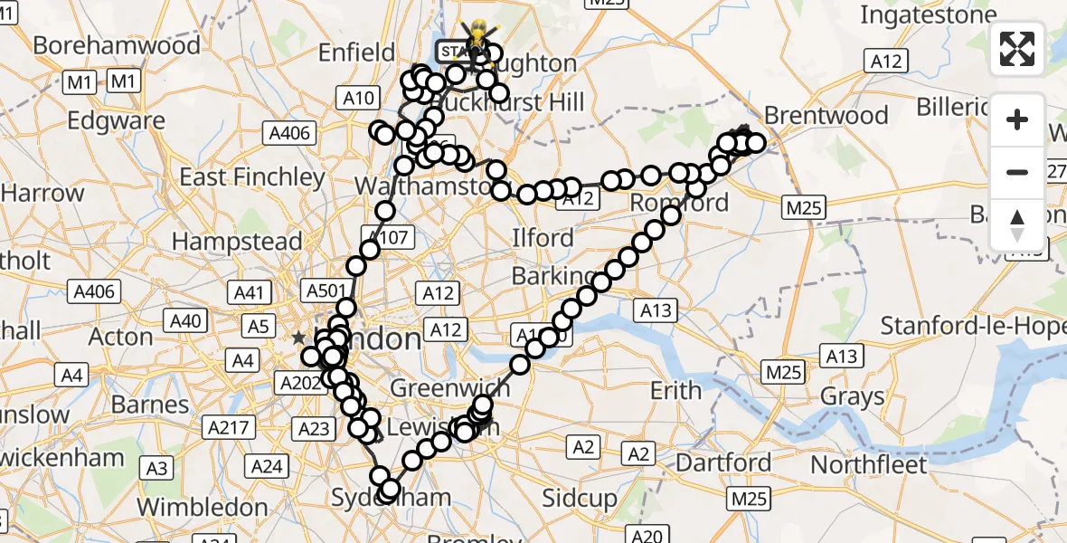 Flight route Police Helicopter Sewardstonebury - Metropolitan Police Air Support Unit Lippitts Hill, 19 August 2026, 20:18
