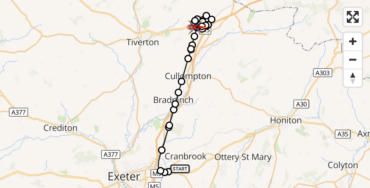 Flight route Air Ambulance Helicopter Exeter International Airport - Sampford Peverell, 19 August 2026, 20:28