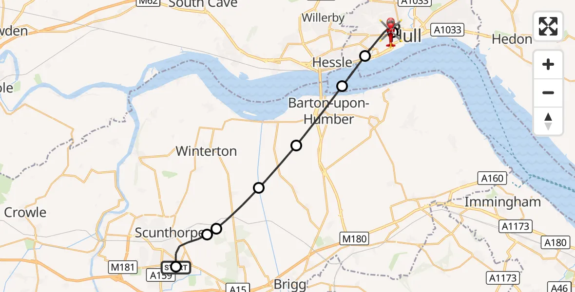 Flight route Air Ambulance Helicopter Lincoln Gardens - Hull Royal Infirmary, 19 August 2026, 20:31