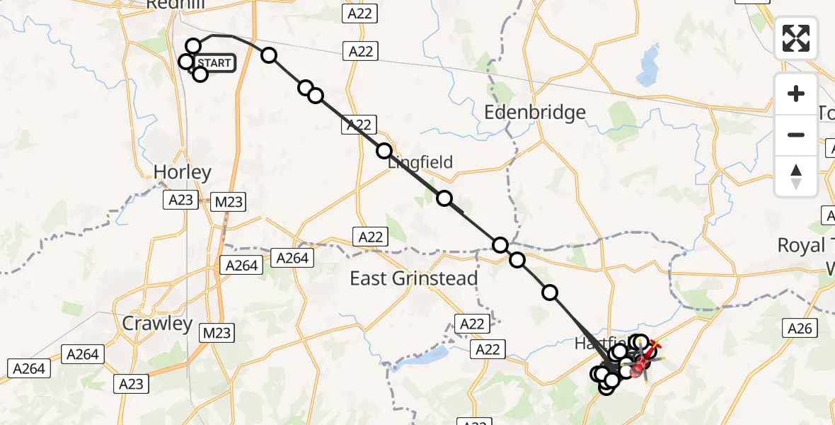Flight route Air Ambulance Helicopter Redhill Aerodrome - Wealden, 19 August 2026, 20:33