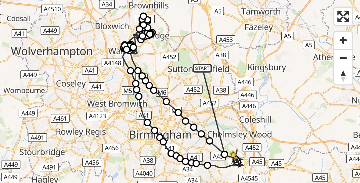 Flight route Police Helicopter Sutton Coldfield - Birmingham Airport, 19 August 2026, 20:41