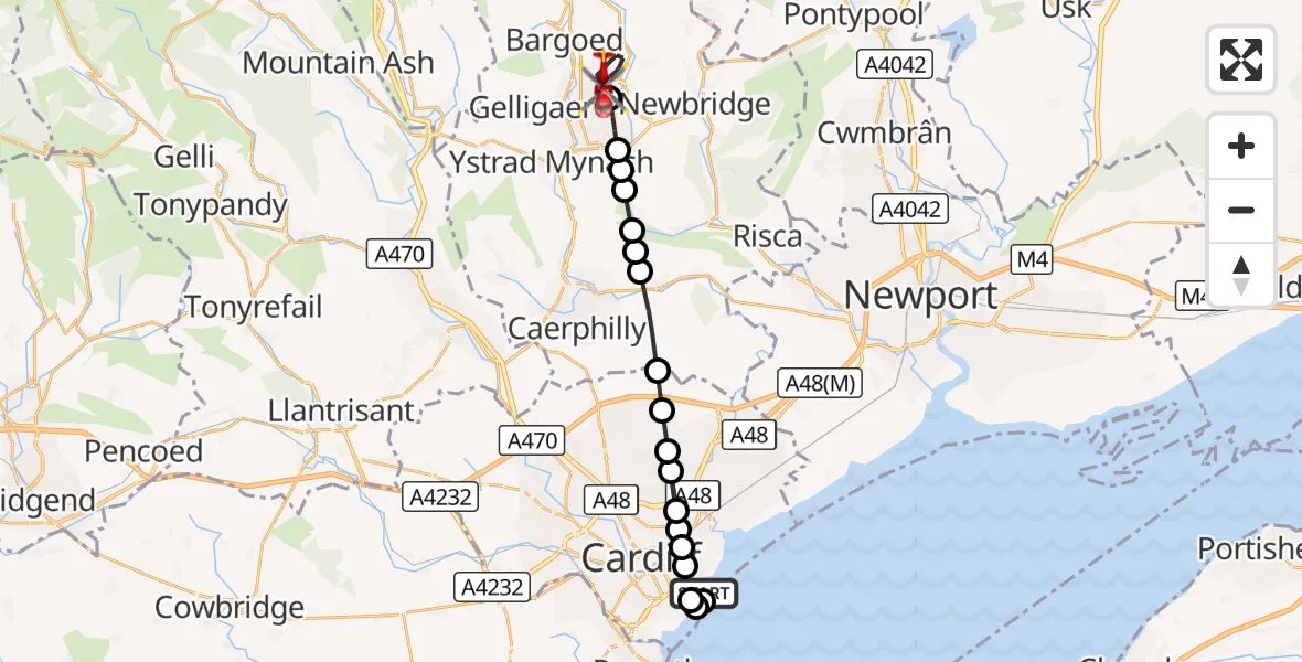 Flight route Air Ambulance Helicopter Cardiff Heliport - Blackwood, 19 August 2026, 20:41