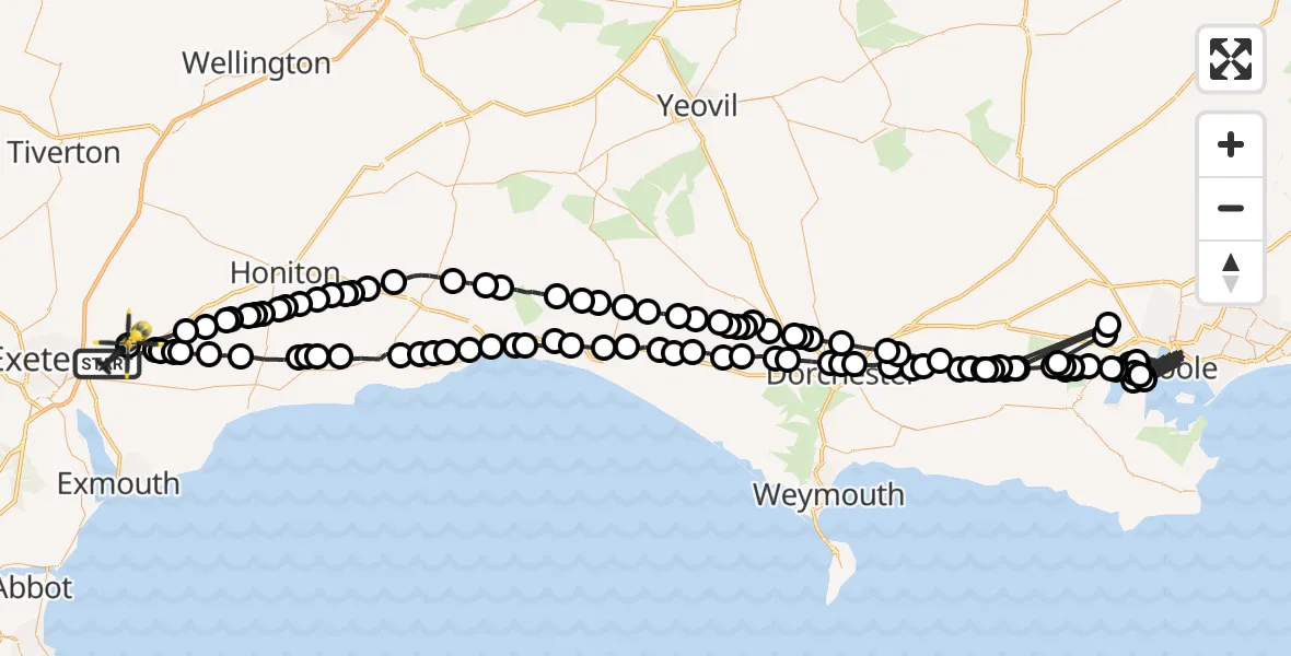 Flight route Police Helicopter Clyst Honiton - Exeter International Airport, 19 August 2026, 20:51