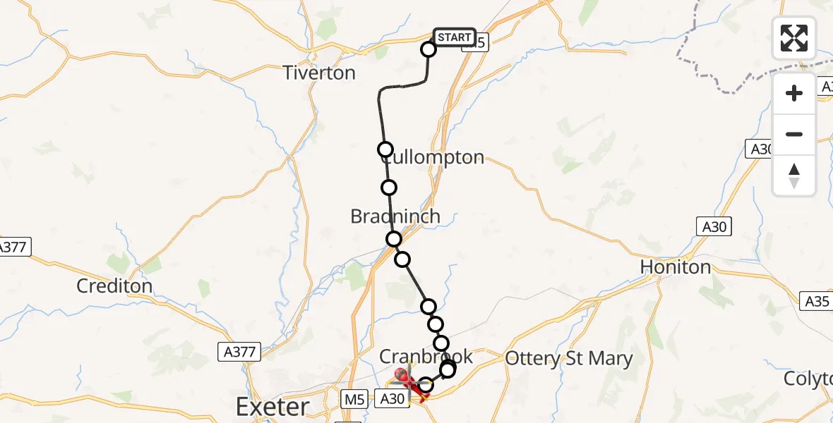 Flight route Air Ambulance Helicopter Sampford Peverell - Exeter International Airport, 19 August 2026, 20:54