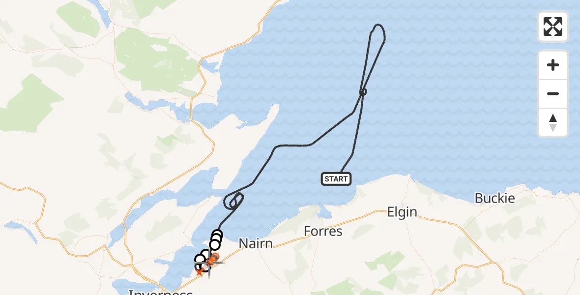 Flight route Coastguard Helicopter North Sea - Inverness Airport, 19 August 2026, 21:05