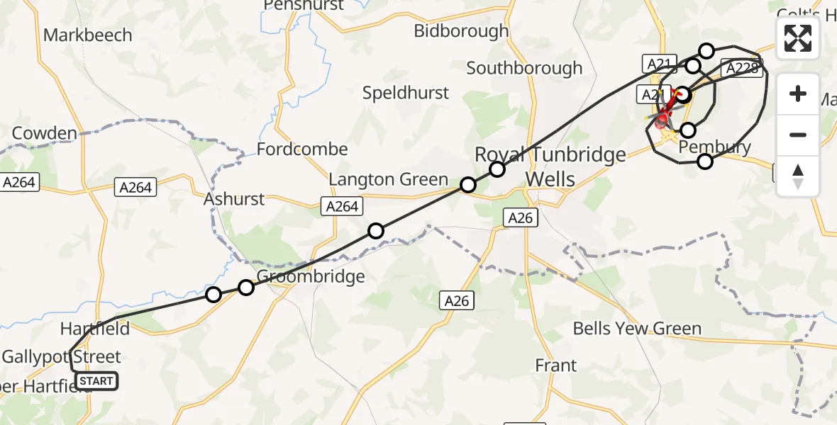 Flight route Air Ambulance Helicopter Hartfield - Tunbridge Wells Hospital Heliport, 19 August 2026, 21:49