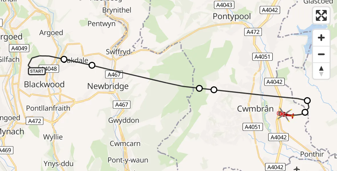 Flight route Air Ambulance Helicopter Blackwood - Grange University Hospital Heliport, 19 August 2026, 21:55