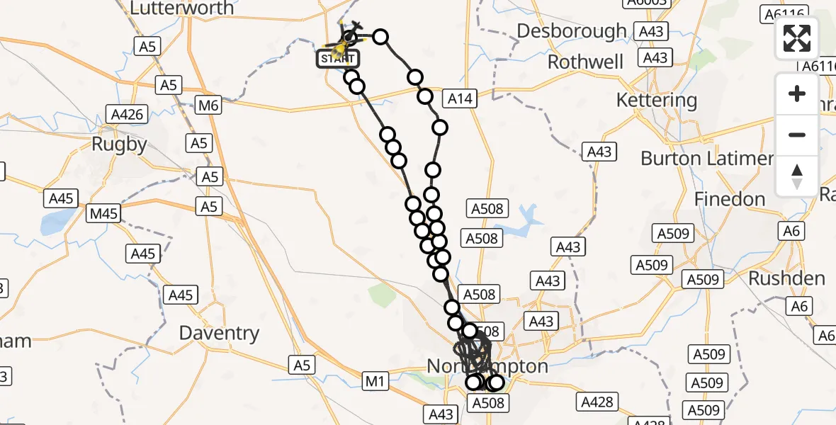 Flight route Police Helicopter Welford - Harborough, 19 August 2026, 21:59