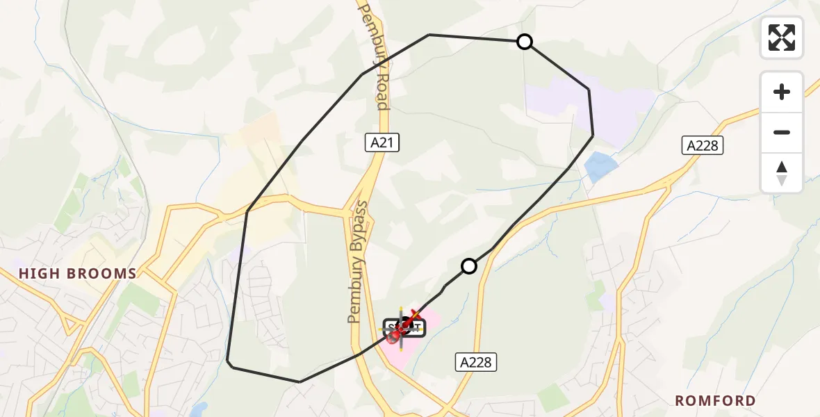 Flight route Air Ambulance Helicopter Tunbridge Wells Hospital Heliport - Tunbridge Wells Hospital Heliport, 19 August 2026, 22:10