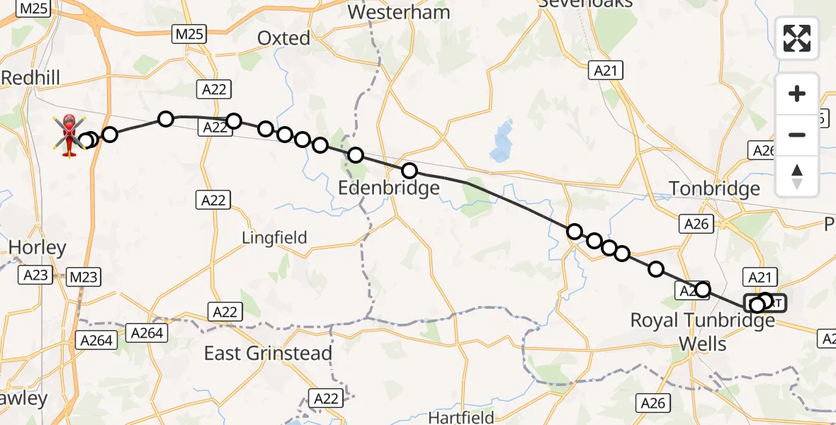Flight route Air Ambulance Helicopter Tunbridge Wells Hospital Heliport - Redhill Aerodrome, 19 August 2026, 22:19