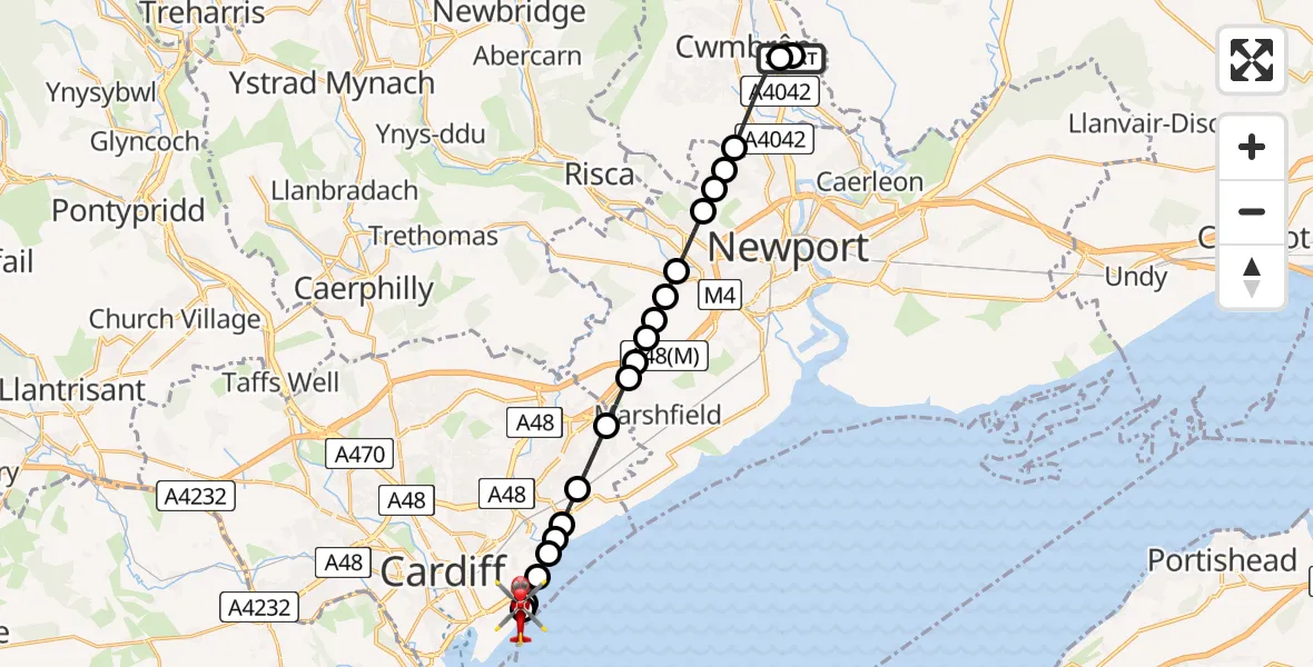 Flight route Air Ambulance Helicopter Grange University Hospital Heliport - Cardiff Heliport, 19 August 2026, 22:40