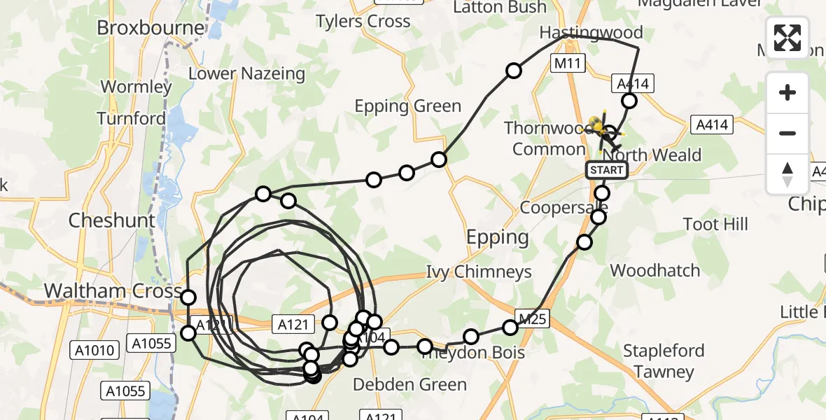 Flight route Police Helicopter North Weald Airfield - North Weald Bassett, 19 August 2026, 23:27