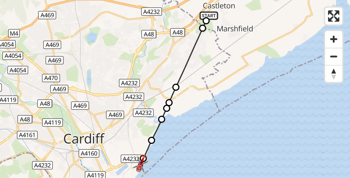 Flight route Air Ambulance Helicopter St Mellons - Cardiff Heliport, 19 August 2026, 23:38