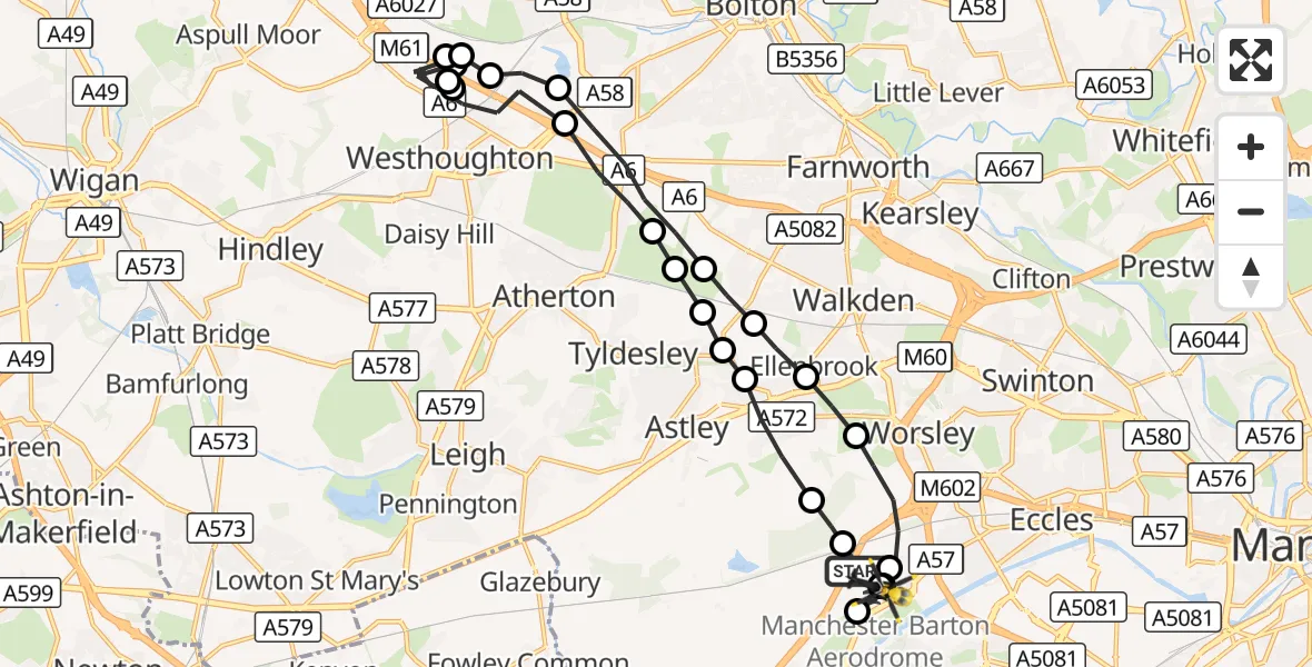 Flight route Police Helicopter Manchester Barton Aerodrome - Manchester Barton Aerodrome, 20 August 2026, 00:22