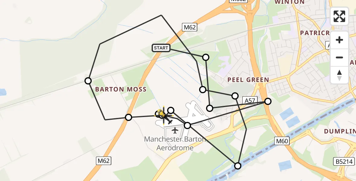 Flight route Police Helicopter Worsley - Manchester Barton Aerodrome, 20 August 2026, 00:38
