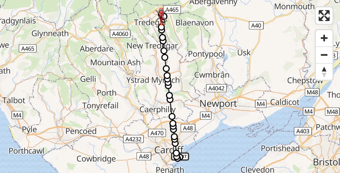 Flight route Air Ambulance Helicopter Cardiff Heliport - Ebbw Vale, 20 August 2026, 01:02