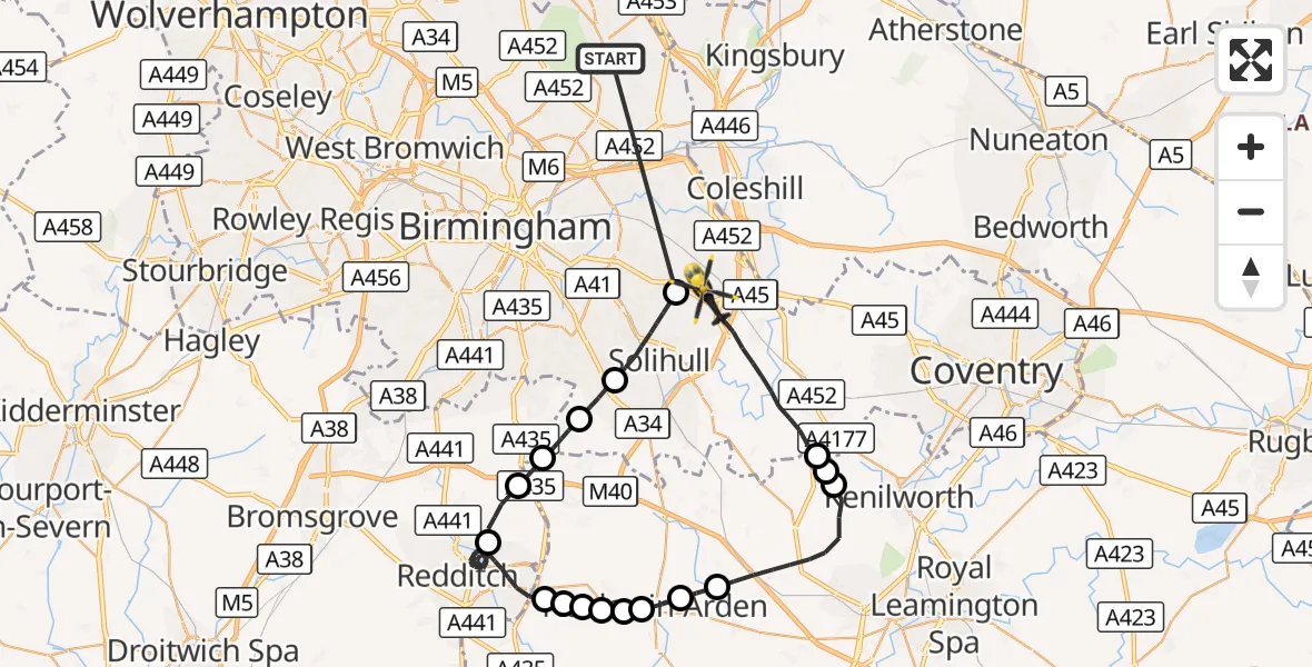 Flight route Police Helicopter Sutton Coldfield - Birmingham Airport, 20 August 2026, 01:39
