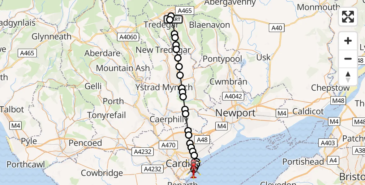 Flight route Air Ambulance Helicopter Ebbw Vale - Cardiff Heliport, 20 August 2026, 02:11