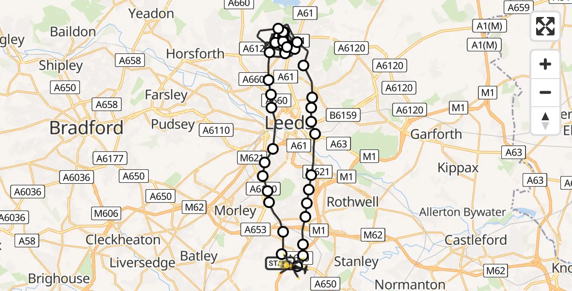 Flight route Police Helicopter East Ardsley - Wrenthorpe, 20 August 2026, 04:36