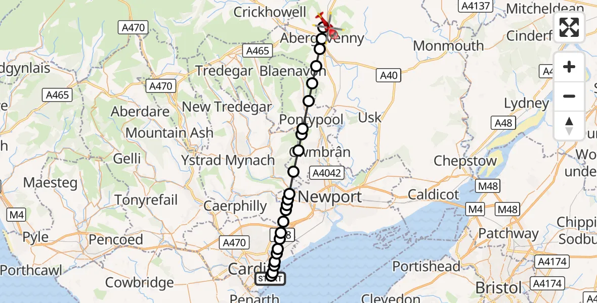 Flight route Air Ambulance Helicopter Cardiff Heliport - Mardy, 20 August 2026, 06:51