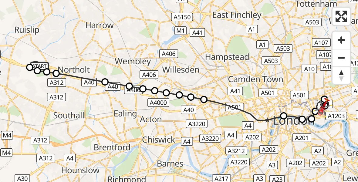Flight route Air Ambulance Helicopter RAF Northolt - Royal London Hospital, 20 August 2026, 06:52