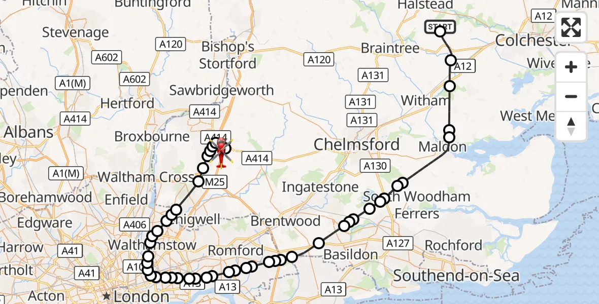 Flight route Air Ambulance Helicopter Braintree - North Weald Airfield, 20 August 2026, 07:36