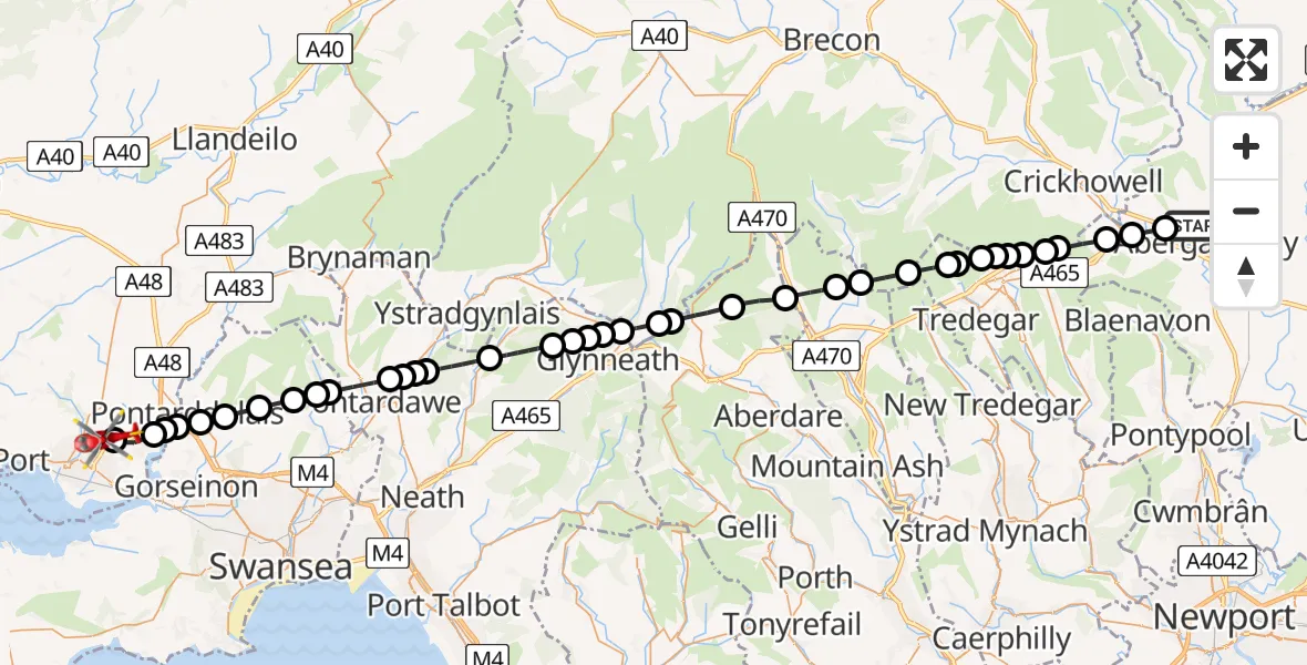 Flight route Air Ambulance Helicopter Abergavenny - Dafen, 20 August 2026, 08:32