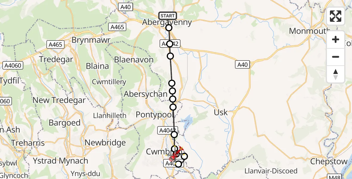 Flight route Air Ambulance Helicopter Abergavenny - Grange University Hospital Heliport, 20 August 2026, 08:36