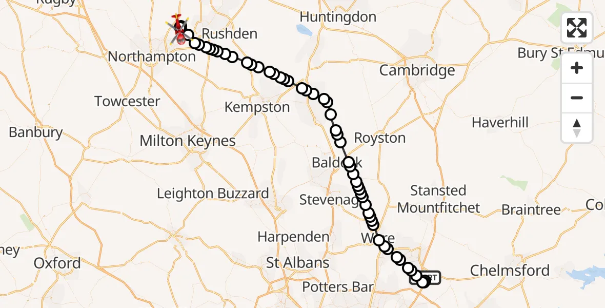 Flight route Air Ambulance Helicopter North Weald Airfield - Sywell Aerodrome, 20 August 2026, 08:48