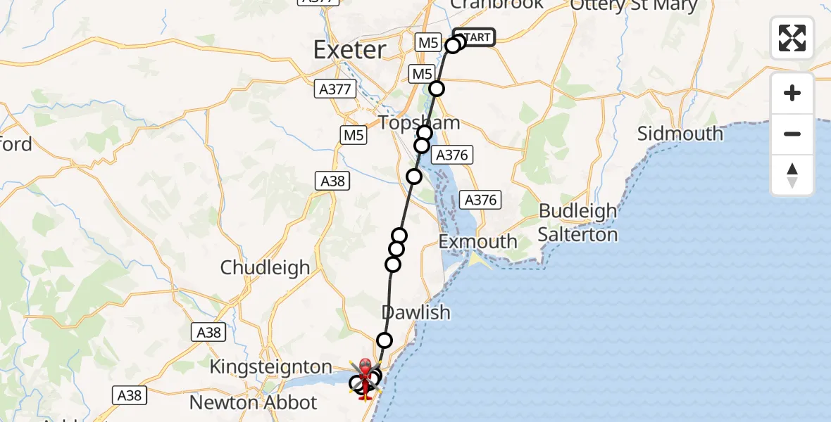 Flight route Air Ambulance Helicopter Exeter International Airport - Ringmore, 20 August 2026, 08:50