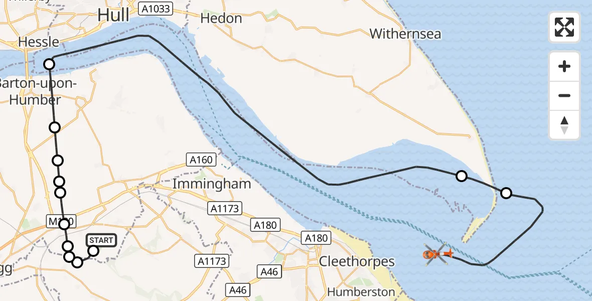 Flight route Coastguard Helicopter Humberside Airport - North Sea, 20 August 2026, 08:52
