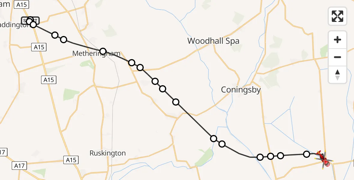 Flight route Air Ambulance Helicopter RAF Waddington - Frithville, 20 August 2026, 08:57