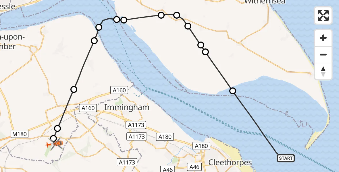 Flight route Coastguard Helicopter North Sea - Humberside Airport, 20 August 2026, 09:19
