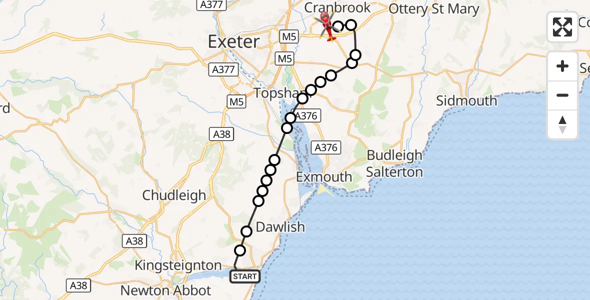 Flight route Air Ambulance Helicopter Ringmore - Exeter International Airport, 20 August 2026, 09:29
