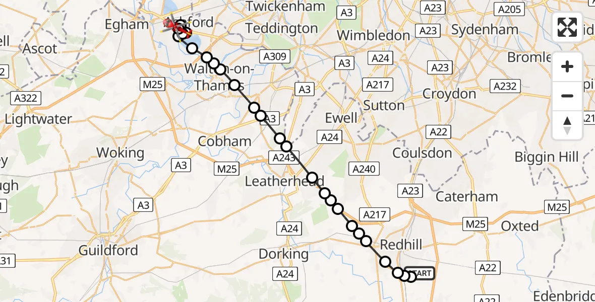 Flight route Air Ambulance Helicopter Redhill Aerodrome - Staines-upon-Thames, 20 August 2026, 09:54