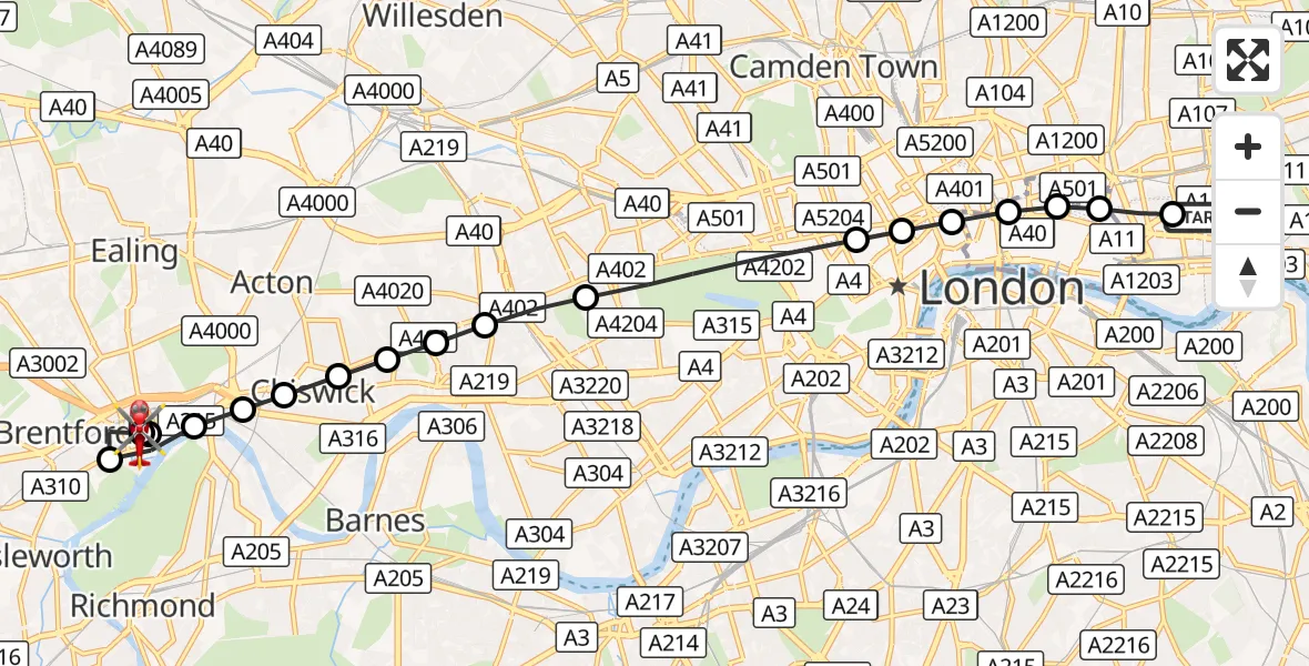 Flight route Air Ambulance Helicopter Royal London Hospital - Hounslow, 20 August 2026, 10:06