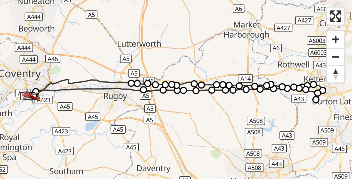 Flight route Air Ambulance Helicopter Coventry Airport - Coventry Airport, 20 August 2026, 10:08