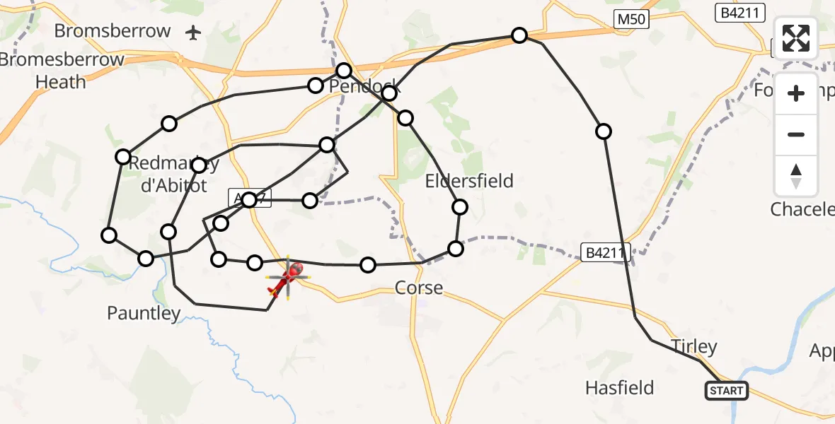 Flight route Air Ambulance Helicopter Tewkesbury - Pauntley, 20 August 2026, 10:11