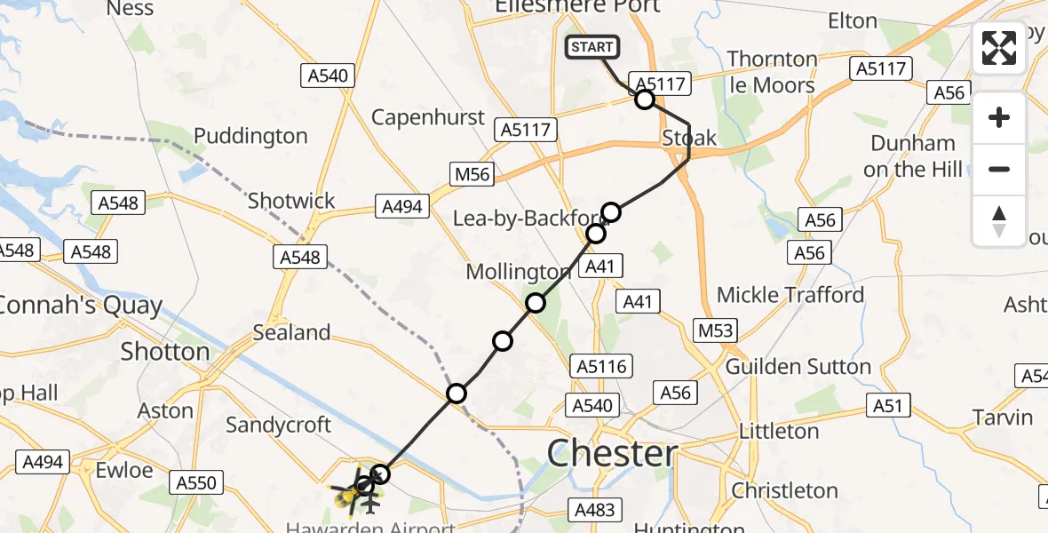 Flight route Police Helicopter Ellesmere Port - Hawarden Airport, 20 August 2026, 10:29