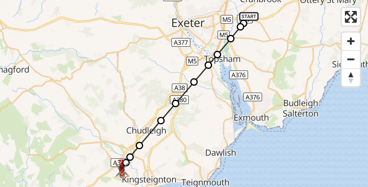 Flight route Air Ambulance Helicopter Exeter International Airport - Heathfield, 20 August 2026, 10:37