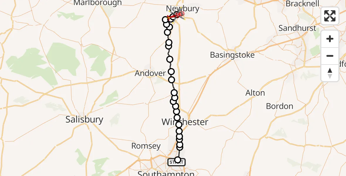 Flight route Air Ambulance Helicopter Southampton Airport - Enborne Row, 20 August 2026, 10:38