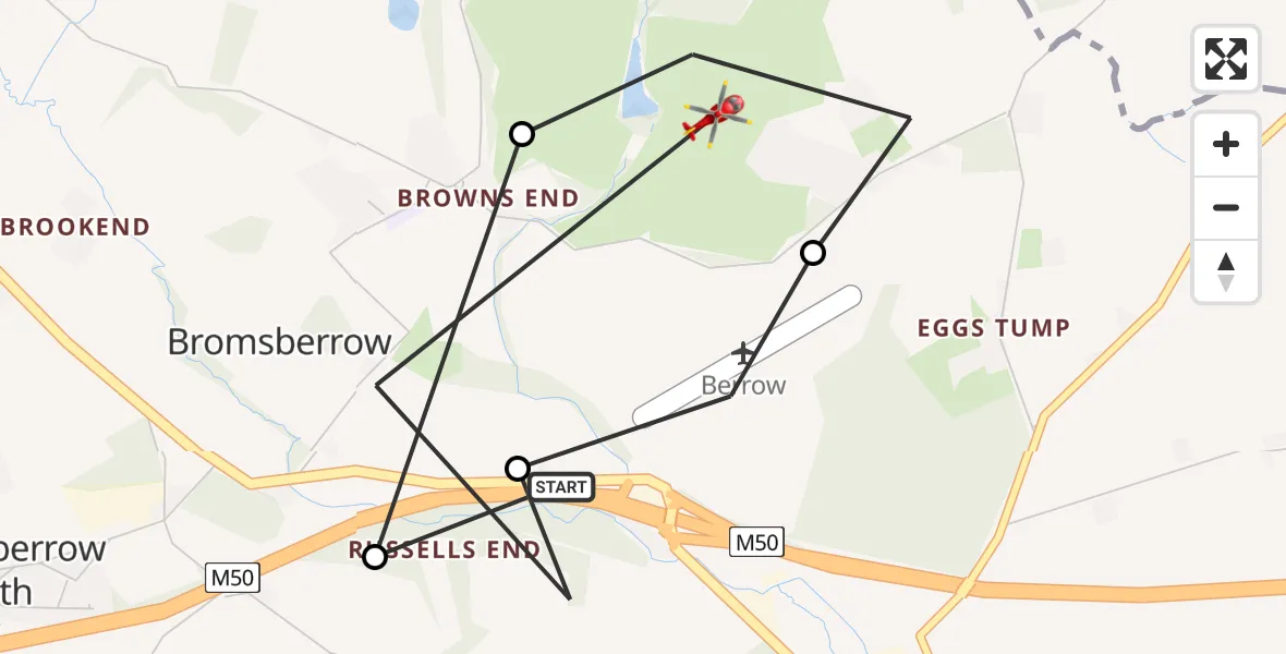 Flight route Air Ambulance Helicopter Bromsberrow - Bromsberrow, 20 August 2026, 10:42