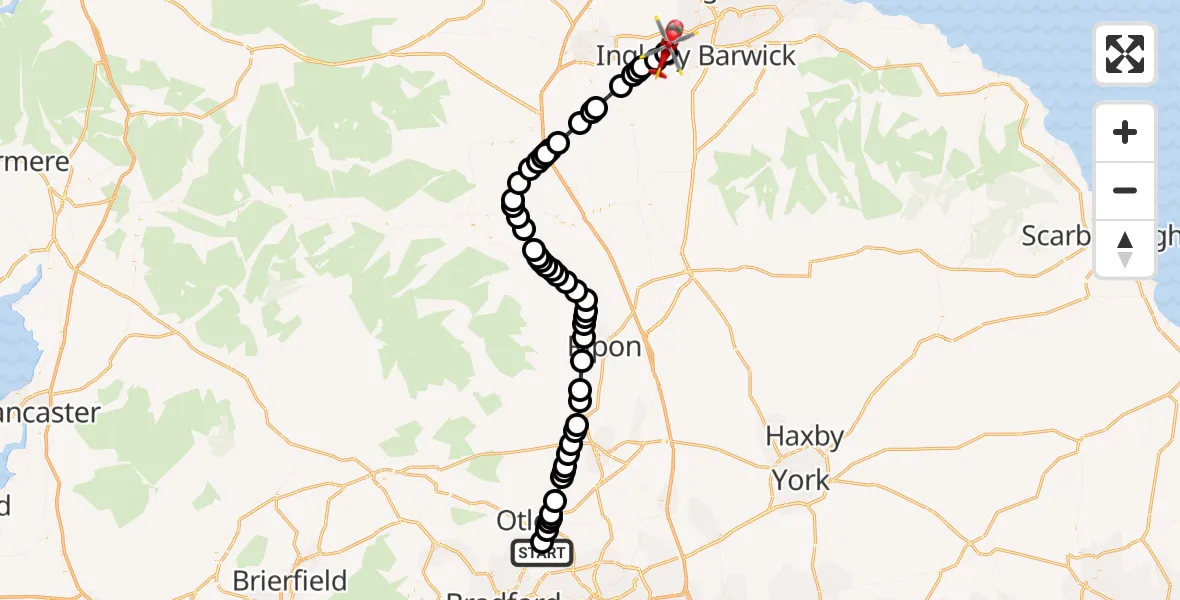 Flight route Air Ambulance Helicopter Leeds Bradford Airport - Egglescliffe, 20 August 2026, 10:46