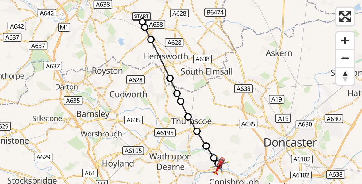 Flight route Air Ambulance Helicopter YAA Nostell Helicopter Port - Denaby Main, 20 August 2026, 10:47