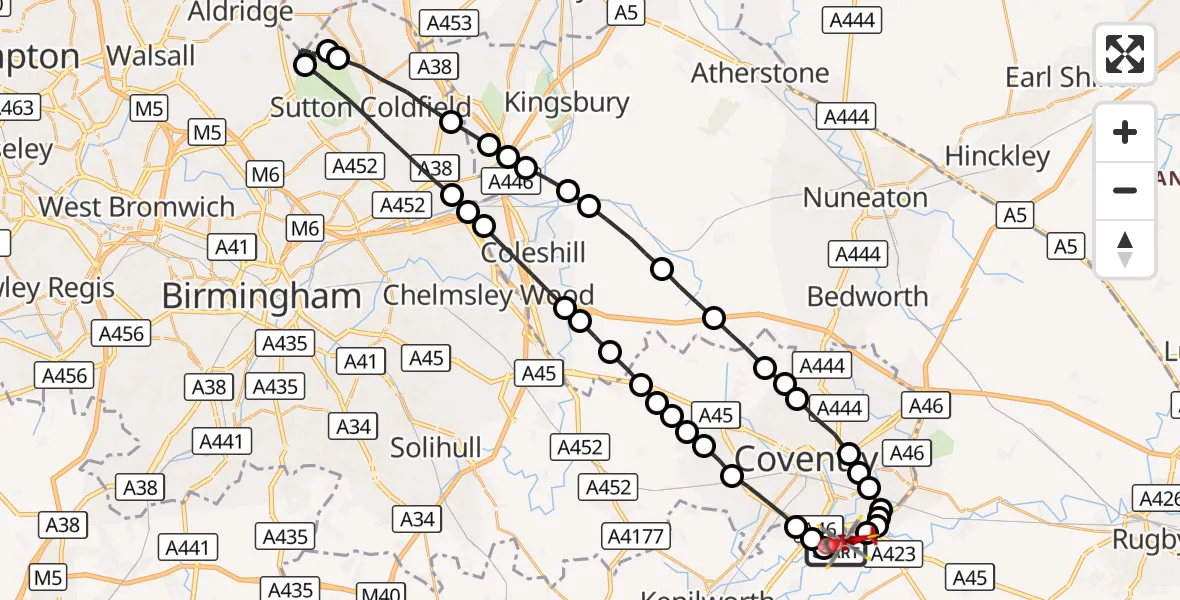 Flight route Air Ambulance Helicopter Coventry Airport - Coventry Airport, 20 August 2026, 10:50