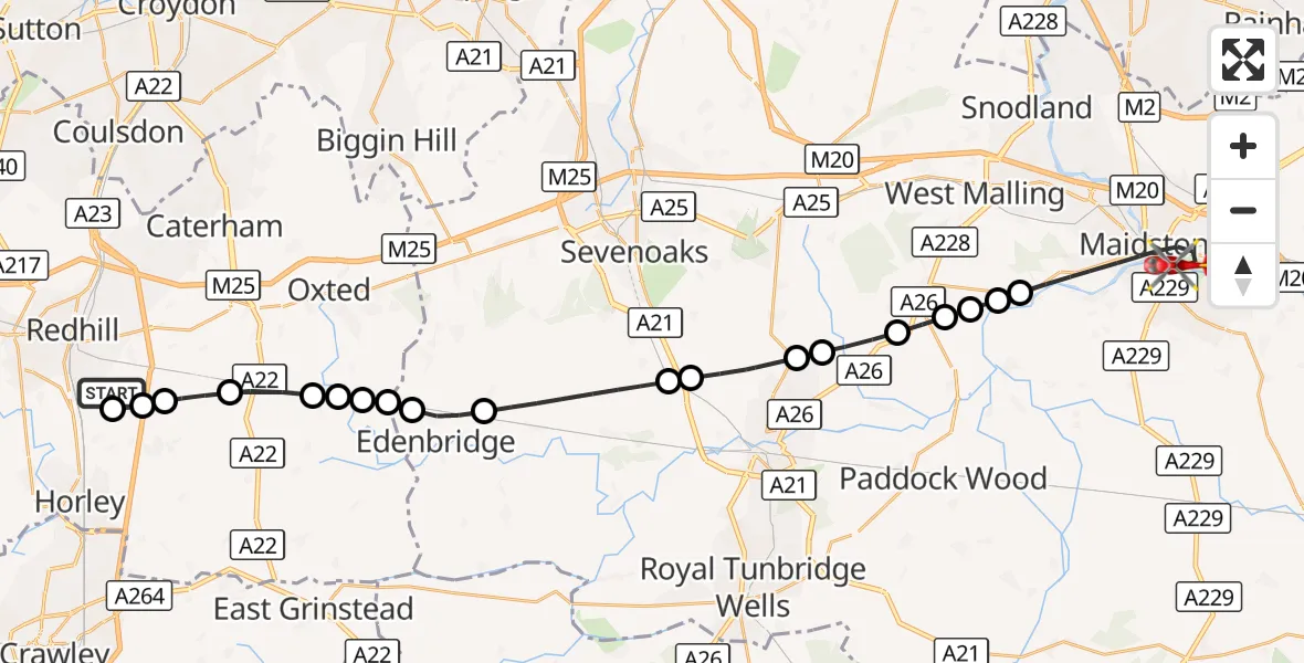 Flight route Air Ambulance Helicopter Redhill Aerodrome - Maidstone, 20 August 2026, 10:57