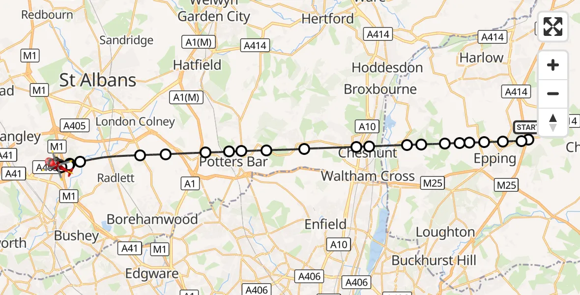 Flight route Air Ambulance Helicopter North Weald Airfield - Watford, 20 August 2026, 11:02