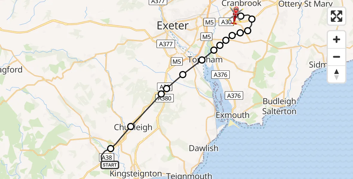 Flight route Air Ambulance Helicopter Heathfield - Exeter International Airport, 20 August 2026, 11:06