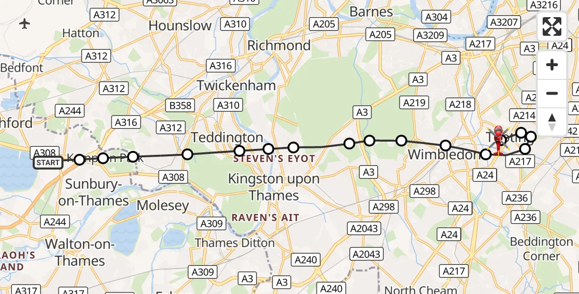 Flight route Air Ambulance Helicopter Charlton - St Georges Hospital, 20 August 2026, 11:06